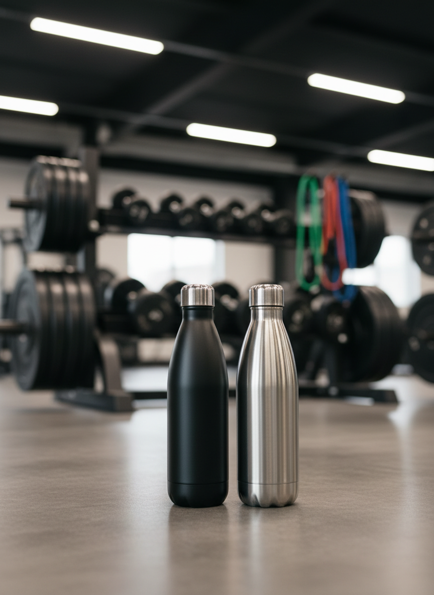 Two neatly aligned stainless-steel water bottles, one matte black and one brushed silver, stand close together on a smooth concrete gym floor. Behind them, a slightly out-of-focus rack of organized free weights and resistance bands creates context without distracting. Overhead fluorescent lights mix with a subtle window glow, creating gentle reflections on the metal surfaces and faint shadows around the bases. The atmosphere is purposeful and ready, evoking the feeling of partners about to train. Captured from a low, slightly angled perspective with a cinematic, photographic style, emphasizing symmetry and connection through the positioning of the bottles.