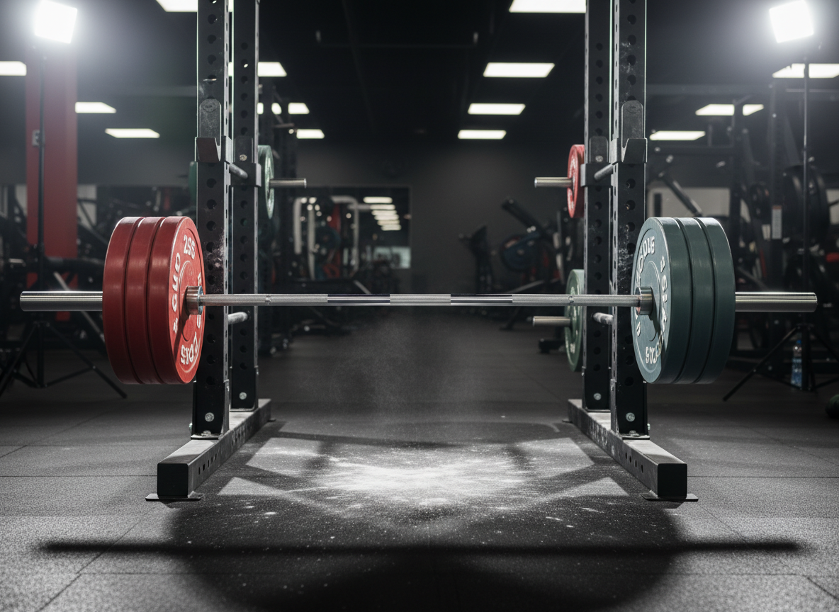 Two complementary sets of neatly stacked weight plates, one set in bold red and the other in cool gray, are loaded on opposite sides of a polished chrome barbell resting on a squat rack. Chalk dust is faintly visible on the bar knurling and on the dark rubber gym flooring below. Focused overhead LED lighting creates bright highlights on the metal surfaces and soft, directional shadows that emphasize symmetry and balance. The background is intentionally blurred, showing just hints of other equipment. Photographic, high-contrast realism with a centered composition communicates strength, partnership, and balanced effort in a clean, modern gym setting.