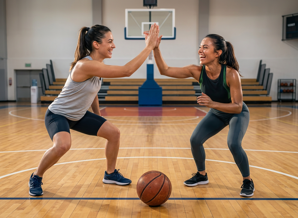 A shared digital workout plan displayed on a sleek tablet lying flat on a wooden training bench, with two different colored pairs of wireless earbuds resting on either side of the screen, as if belonging to two distinct athletes. The high-resolution display shows structured intervals, timers, and progress graphs in vibrant blues and greens. Soft, diffused gym lighting from overhead creates minimal glare on the glass, while the surrounding environment of blurred medicine balls and kettlebells hints at a busy training space. Photographic realism, shot from a slightly elevated angle, conveys a modern, tech-driven mood centered on collaboration and synchronized training.